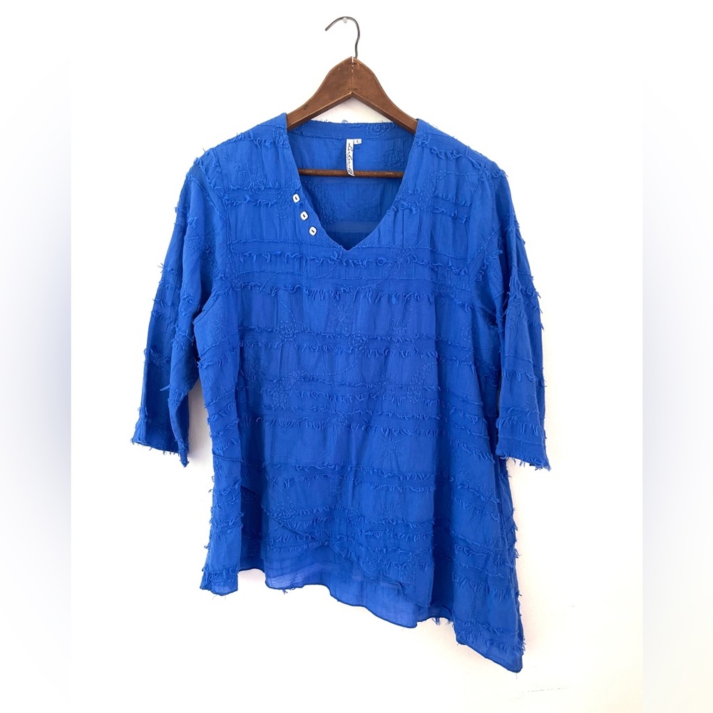 Lulu B Blue 100% Cotton Embroidery Textured Asymmetrical Women's Top Size Large
